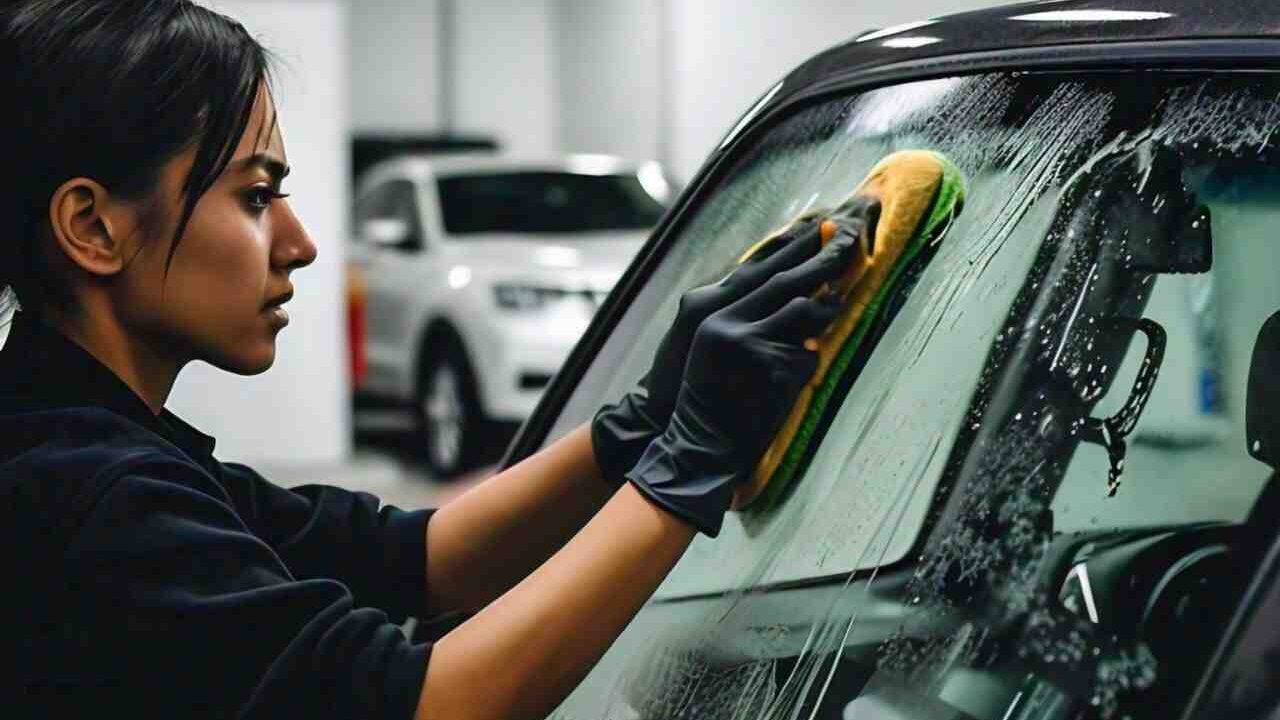 Girl removing Water Stains on Car Glass